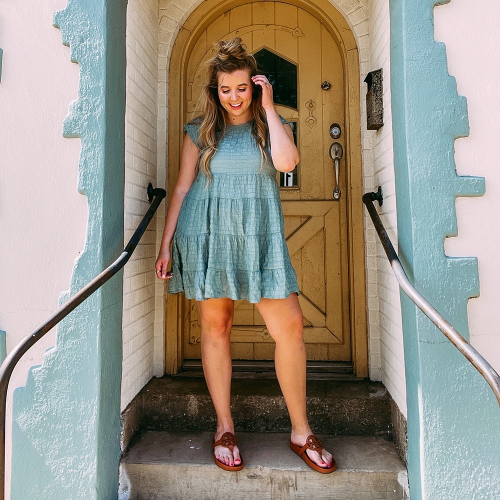 Knox Rose Sage Green Tiered Mini Dress with Cap Sleeves